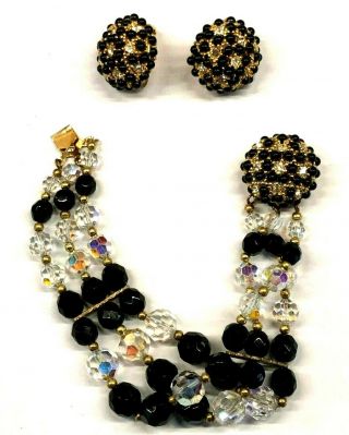 Vintage Hobe Black Clear Crystal Beaded Rhinestone Bracelet Earrings