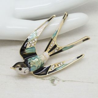 Vintage Art Deco Style Enamel / Crystal Swift Swallow Bird Brooch Pin Jewellery