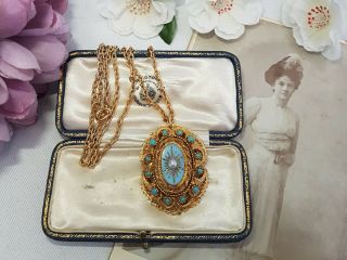 Vintage Signed Sphinx Blue Turquoise Faux Pearl Pendant Necklace