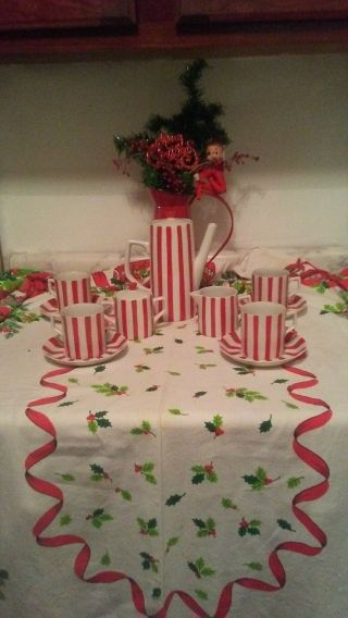 Vintage Tea Set Red And White Stripe 13 Pc.  Christmas Or Holiday Set
