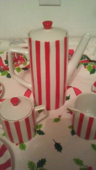 VINTAGE TEA SET RED AND WHITE STRIPE 13 PC.  CHRISTMAS OR HOLIDAY SET 2