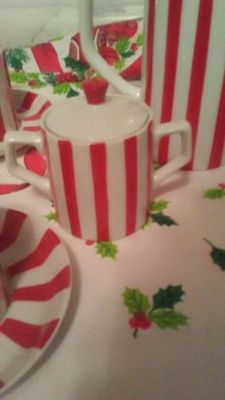 VINTAGE TEA SET RED AND WHITE STRIPE 13 PC.  CHRISTMAS OR HOLIDAY SET 3