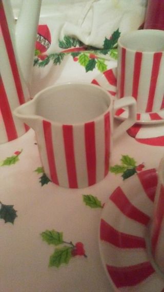 VINTAGE TEA SET RED AND WHITE STRIPE 13 PC.  CHRISTMAS OR HOLIDAY SET 4
