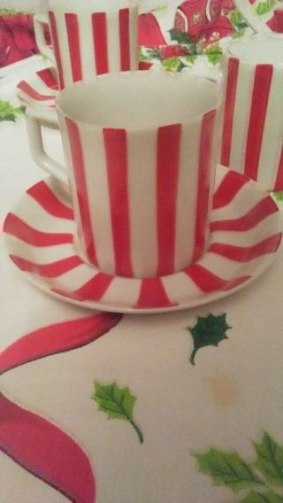 VINTAGE TEA SET RED AND WHITE STRIPE 13 PC.  CHRISTMAS OR HOLIDAY SET 5