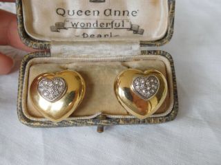 Wonderful Vintage 1980s Gold Crystal Heart Clip On Earrings Signed Agatha