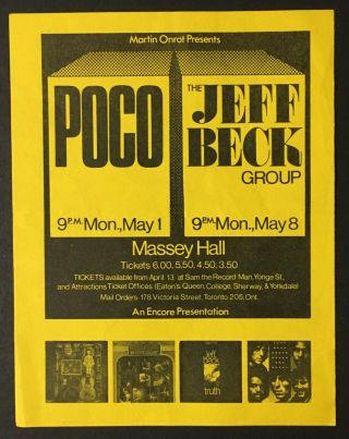 1972 Massey Hall Toronto Handbill Poco Jeff Beck Group Vintage Advertsing Music