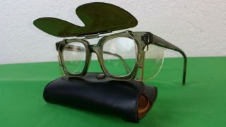 Vintage 6m P1 Z87 Gray Horn Rim Safety Shop Glasses W/ Side Shield & Sun Visor