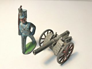 Vintage Cast Iron / Lead Toy Military Soldier Figure & Cannon Ww1 - Hard To Find