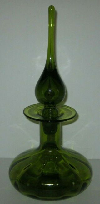 Vintage Retro Green Ribbed Glass Genie Bottle Empoli Elongated Stopper 12 " Tall