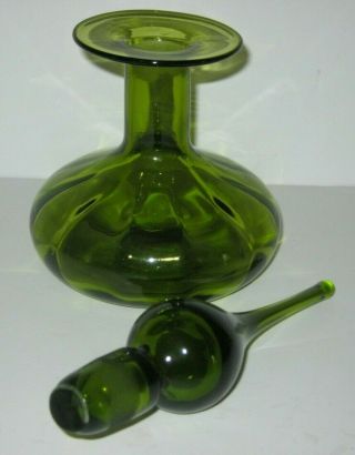 Vintage Retro Green Ribbed Glass Genie Bottle Empoli Elongated Stopper 12 