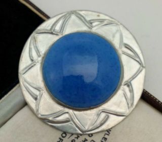 Vintage Ruskin Arts & Crafts Style Blue Ceramic Stone Large Round Pewter Brooch