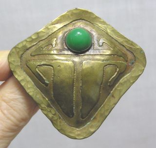 Vtg Jewelry Arts & Crafts Triangular Brass Brooch W Green Glass Cabochon 1920s