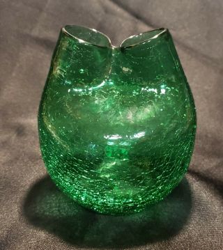 Blenko Vintage Crackle Glass Emerald Green Pinch Ivy Vase