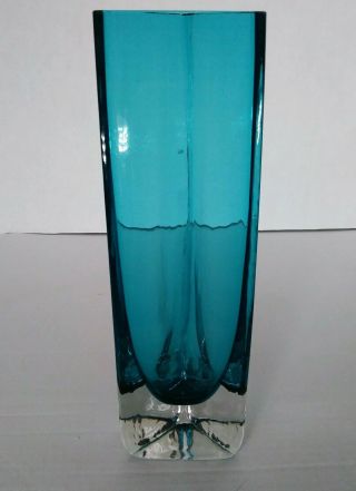 Vintage 11 " Blue Art Glass Triangle Vase - Hand Blown