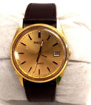 Vintage Pulsar Gold Tone Cased,  Leather Band Quartz Wrist Watch - B42