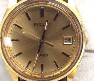 Vintage PULSAR Gold Tone Cased,  Leather Band QUARTZ Wrist Watch - B42 2