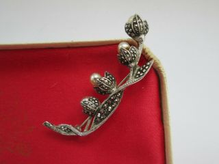 Vintage Signed Gorgeous Art Deco Silver Marcasite Faux Pearl Flower Brooch Pin