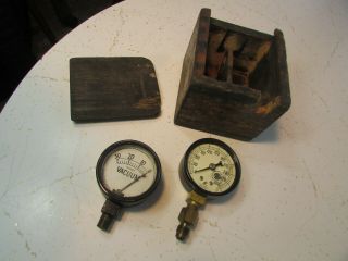 Vintage Marsh Pressure Gauge 300 Psi Steam Punk,  Rochester Vacuum,  Old Wood Box