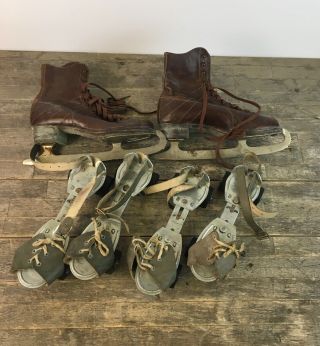Two Pairs Of Vintage Phillips Roller Skates & A Leather Ice Skates.