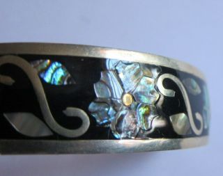 Vintage Mexican Silver Enamel Iridescent Mother Of Pearl Abalone Flower Bracelet