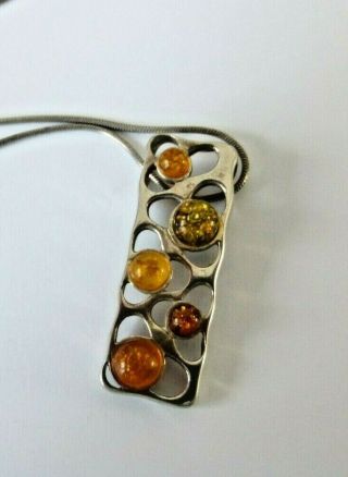 Vintage Silver 925 With Amber Pendant On Chain
