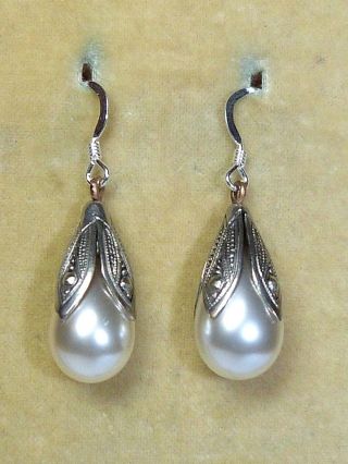Vintage 1950s Creamy Glass Faux Pearl Tear Drop Earrings 925 Silver Ear Wires