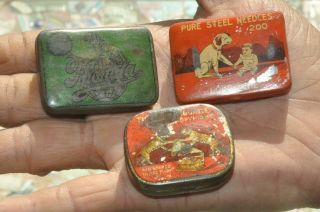 3 Pc Vintage Different Litho Gramophone Needles Ad Litho Tin Boxes