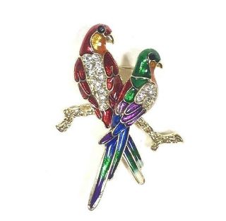 Vintage Brooch Pin Birds Of Paradise Parrots Rhinestone Bird Enamel Branch Color