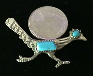 Vintage Navajo Stamped Sterling Silver Blue Turquoise Roadrunner Pin