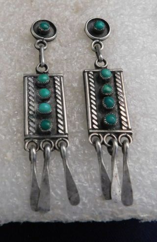 Native American Sterling Turquoise Snaked Eyes Handmade Vintage Dangles Earrings