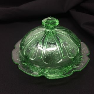 Vintage Jeanette Green Depression Glass Cherry Blossom Covered Butter Dish