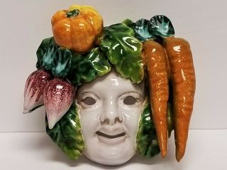 Vintage Italian Majolica Terracotta Art Pottery Mask Wall Plaque Bacchus Veggies