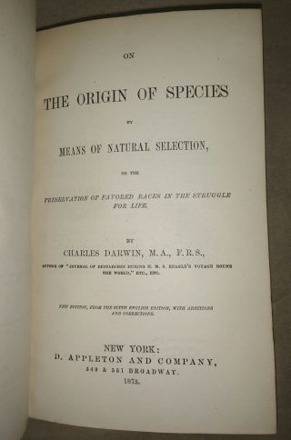 Charles Darwin - The Origin Of Species - D.  Appleton 1875 Half Leather S/h