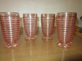 Vintage Anchor Hocking Manhattan (4) Pink Tumblers Bubble Foot