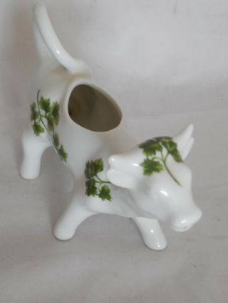 Vintage Porcelain Ceramic Cow Cream Milk Pitcher Green Leaf Design Stamped 8276