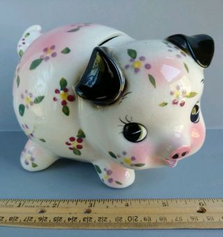 Vintage Anthropomorphic Hand Painted Floral Flower Ceramic Pig Piggy Bank,  Japan