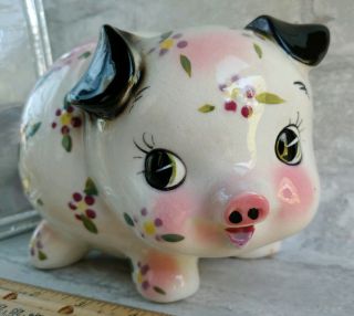 Vintage Anthropomorphic Hand Painted FLORAL Flower Ceramic Pig PIGGY BANK,  Japan 4
