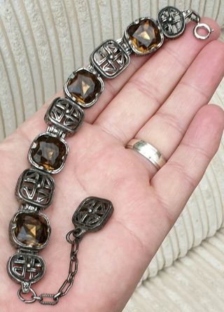 Vintage Signed Miracle Jewellery Celtic Amber Agate Silver Plaid Panel Bracelet