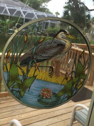 Vintage 1980 Glassmasters Stained Glass Heron Bird Panel Sun Catcher Usa