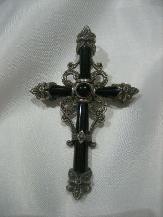 Estate Vintage Th Sterling Silver Marcasite Onyx Religious Cross Pendant Brooch