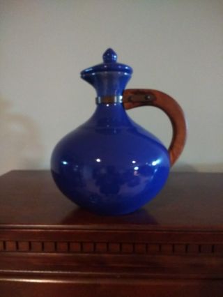 Vintage Red Wing Blue Carafe Pitcher With Wood Handle And Lid