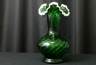 Vintage Fenton Glass 11 1/4 " Snow Crest Vase,  1951 - 53,  Emerald Green Swirl