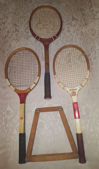 Three Vintage Wood Tennis Rackets W/ Press/2 Wilson/1 Garcia - Collectible Decor