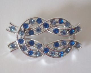 Vintage Pin Brooch Sapphire Blue Stones Jewelry Rhinestones Love Knot