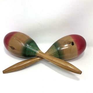Pair Wooden Vintage Maracas Rumba Shakers Percussion Instrument Hand Painted