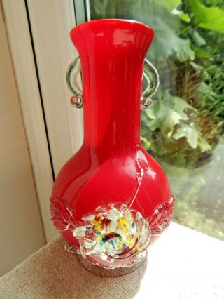 Murano Red Glass Vase Flower Design Art Glass 7.  5 " H Pontil Mark Vintage