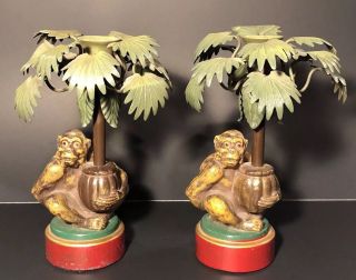 Pair Vntg Petite Choses Cast Metal Monkey Candlestick Candle Holders Palm Trees
