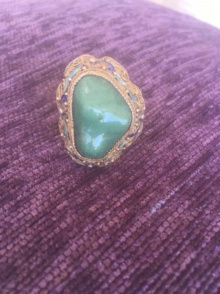 Vintage Chinese Export Gilt Silver Filigree Large Jade Enamel Cloisonné Ring