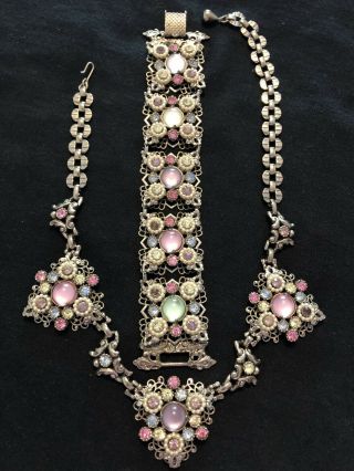 Vintage Selro Signed Pastel Rhinestones Necklace Bracelet Set