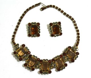 Vintage Brown Square Rhinestone Necklace With Matching Clip Earrings